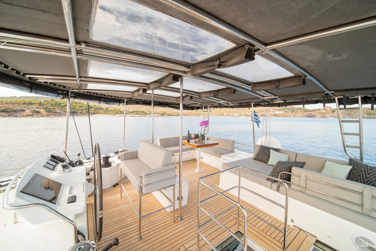 Deck of FOR SAIL, a Lagoon 560 catamaran at Municipal Unit of Nea Peramos, Greece