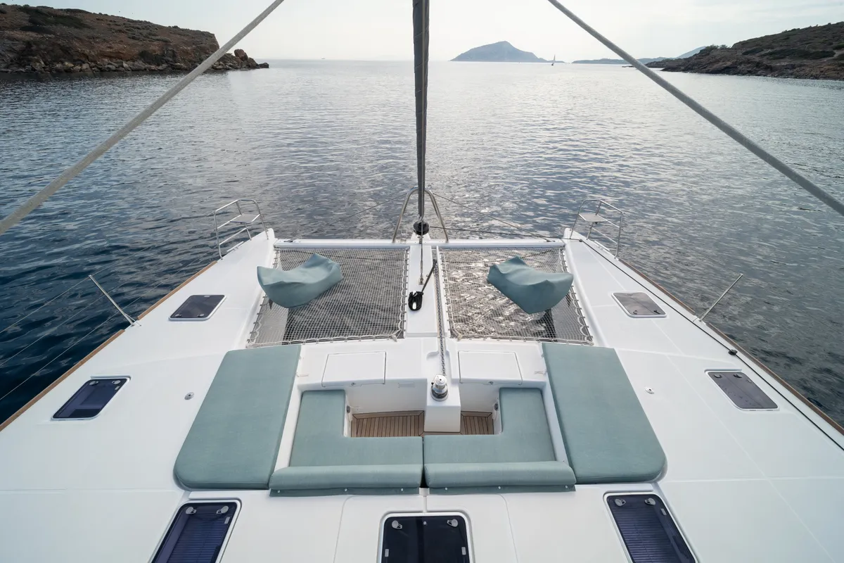 Deck of FOR SAIL, a Lagoon 560 catamaran at Municipal Unit of Nea Peramos, Greece