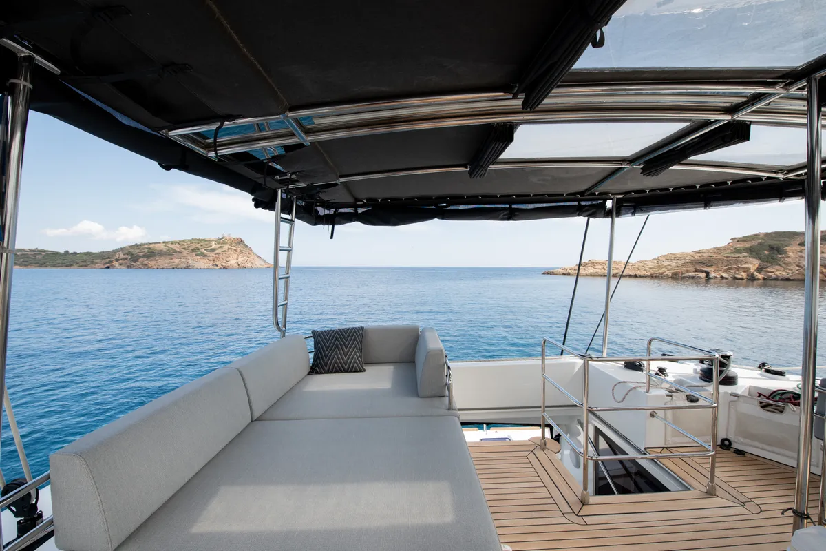 Deck of FOR SAIL, a Lagoon 560 catamaran at Municipal Unit of Nea Peramos, Greece