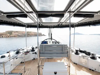 Cockpit of FOR SAIL, a Lagoon 560 catamaran at Municipal Unit of Nea Peramos, Greece