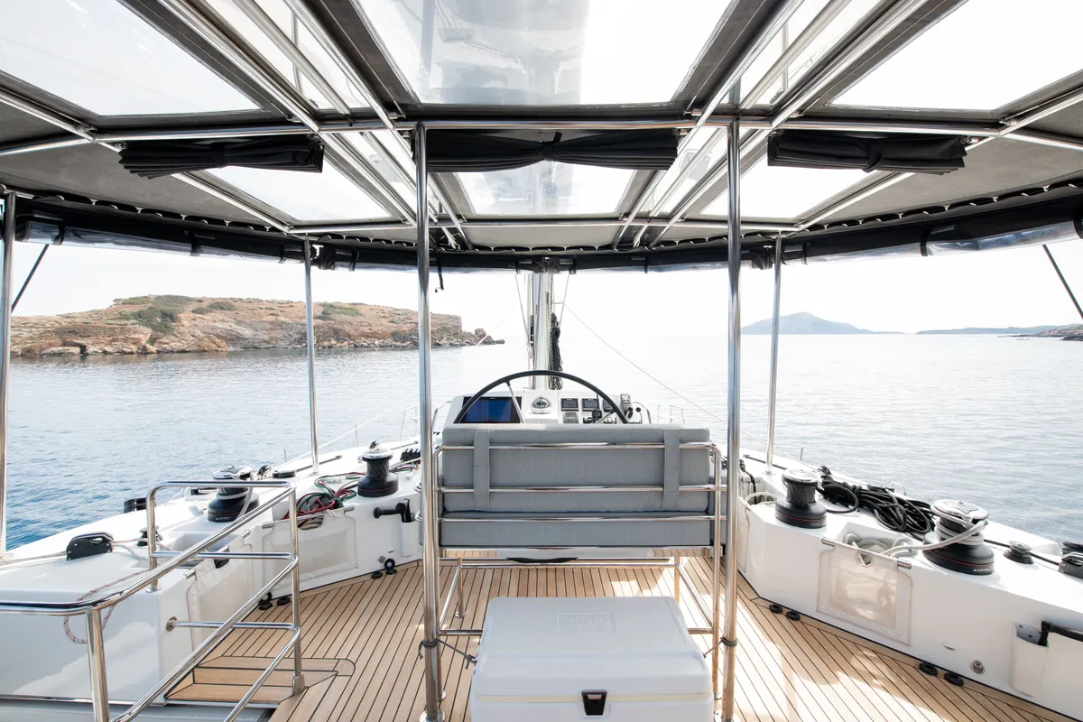 Cockpit of FOR SAIL, a Lagoon 560 catamaran at Municipal Unit of Nea Peramos, Greece