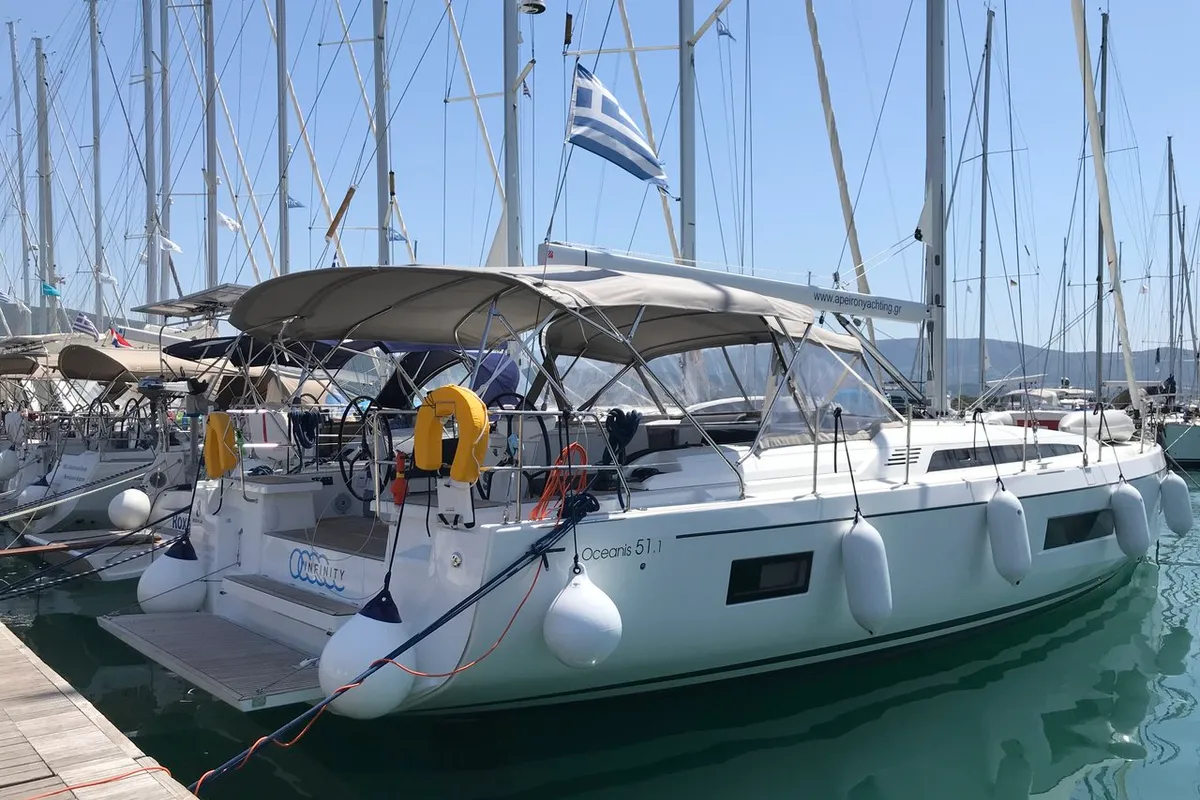 Exterior view of Infinity, a Beneteau Oceanis 51.1 sailboat at Municipal Unit of Lefkada, Greece