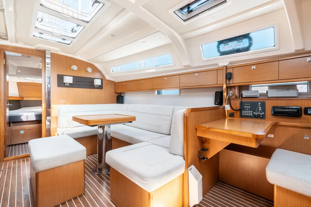 Salon of Alkyoni, a Bavaria Cruiser 41 sailboat at Rhodes, Greece