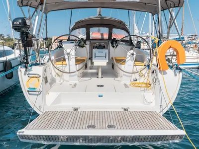 Cockpit of Alkyoni, a Bavaria Cruiser 41 sailboat at Rhodes, Greece
