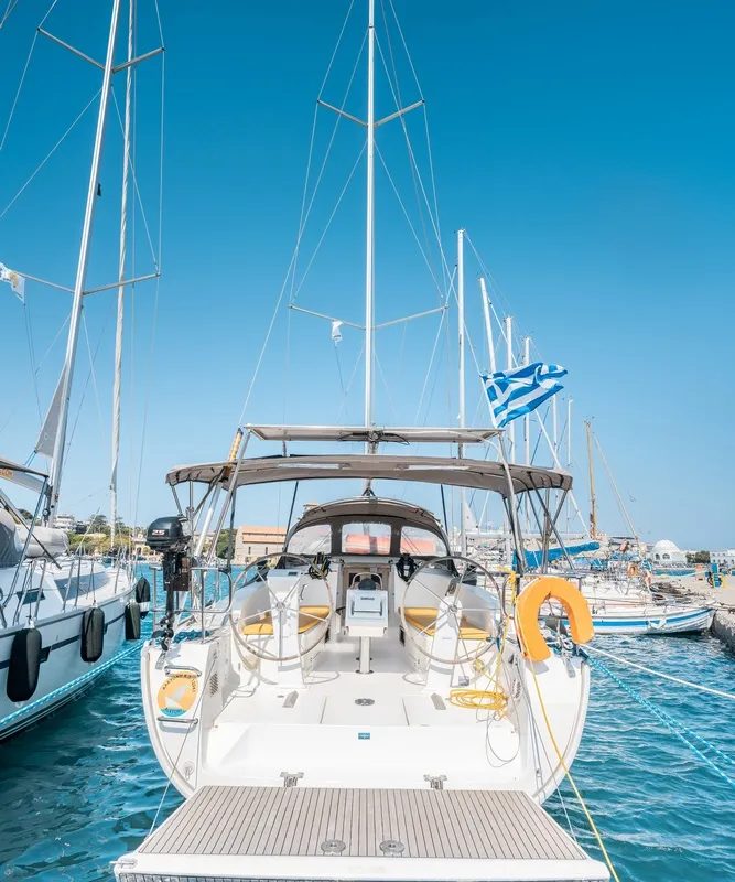 Exterior view of Alkyoni, a Bavaria Cruiser 41 sailboat at Rhodes, Greece