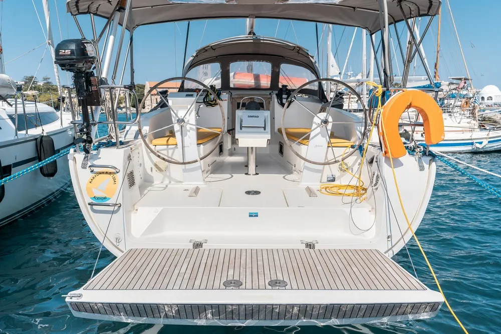 Exterior view of Alkyoni, a Bavaria Cruiser 41 sailboat at Rhodes, Greece