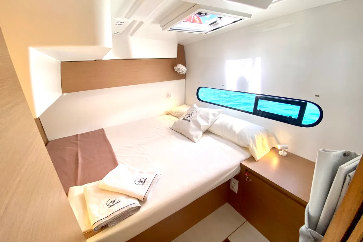 Cabin on Moana Mallorca Crewed, a Excess 11 catamaran at Port d'Andratx, Spain
