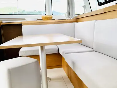 Salon of Moana Mallorca Crewed, a Excess 11 catamaran at Port d'Andratx, Spain