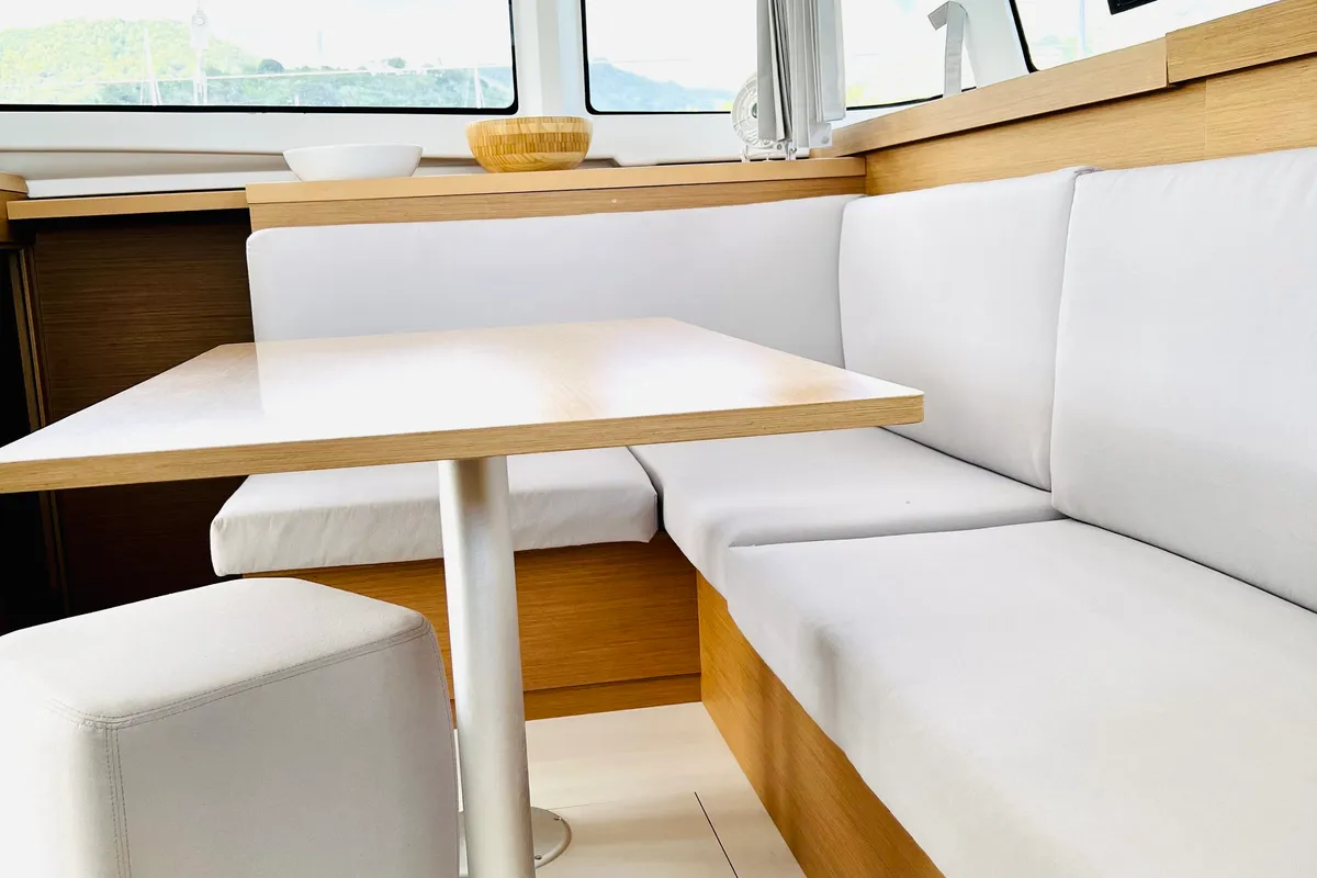 Salon of Moana Mallorca Crewed, a Excess 11 catamaran at Port d'Andratx, Spain