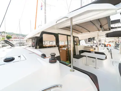 Deck of First Glimpse, a Excess 11 catamaran at Skradin, Croatia