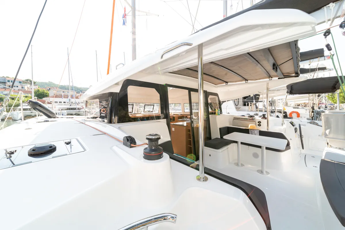 Deck of First Glimpse, a Excess 11 catamaran at Skradin, Croatia