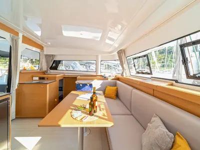 Salon of First Glimpse, a Excess 11 catamaran at Skradin, Croatia