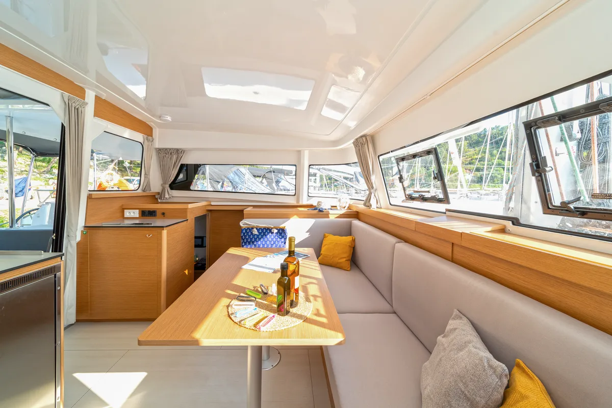 Salon of First Glimpse, a Excess 11 catamaran at Skradin, Croatia