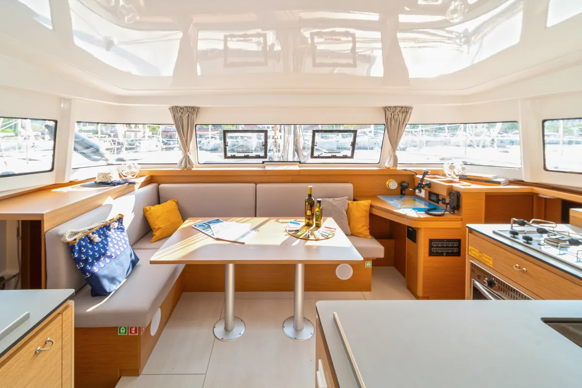 Salon of First Glimpse, a Excess 11 catamaran at Skradin, Croatia