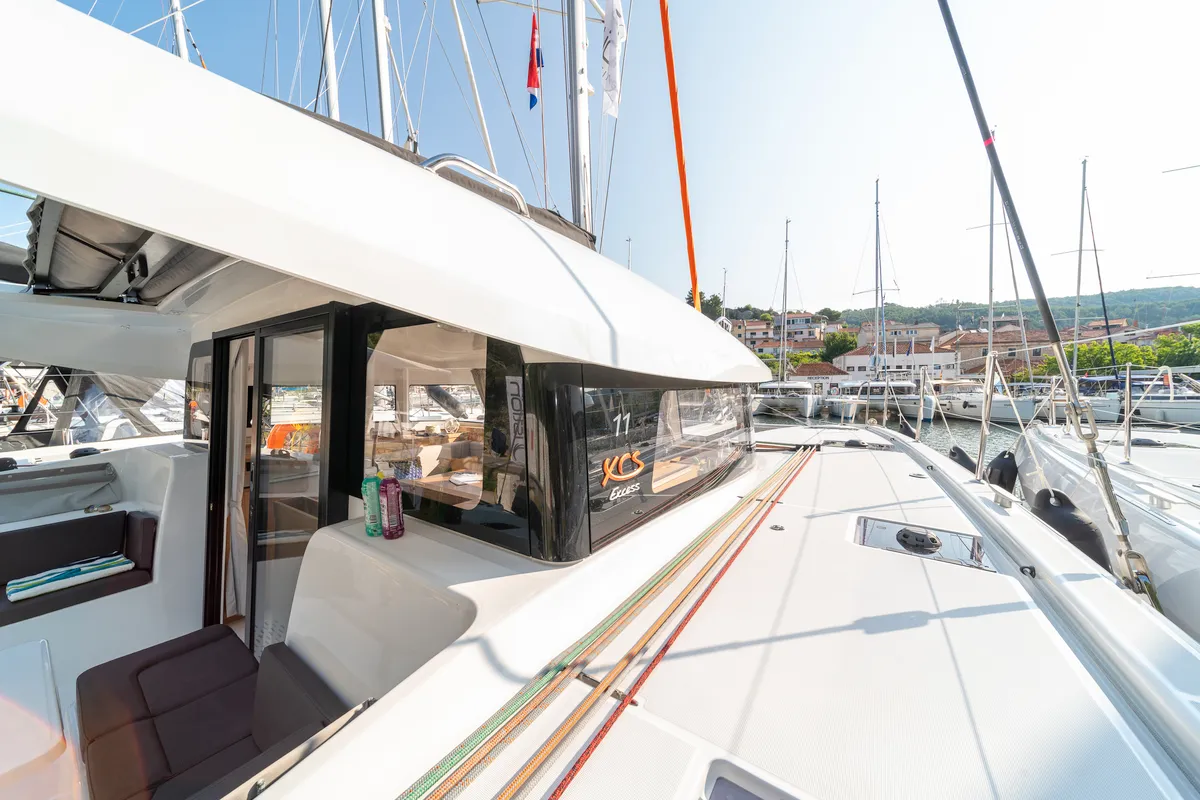 Deck of First Glimpse, a Excess 11 catamaran at Skradin, Croatia