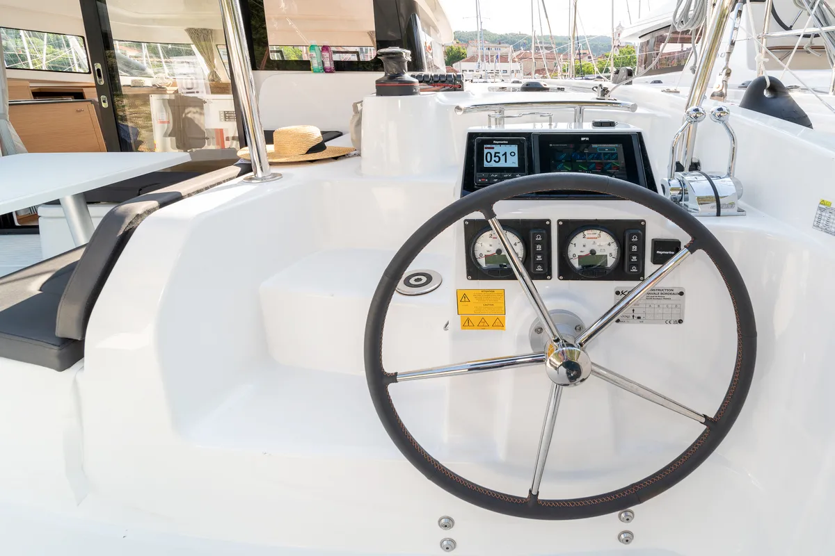 Cockpit of First Glimpse, a Excess 11 catamaran at Skradin, Croatia