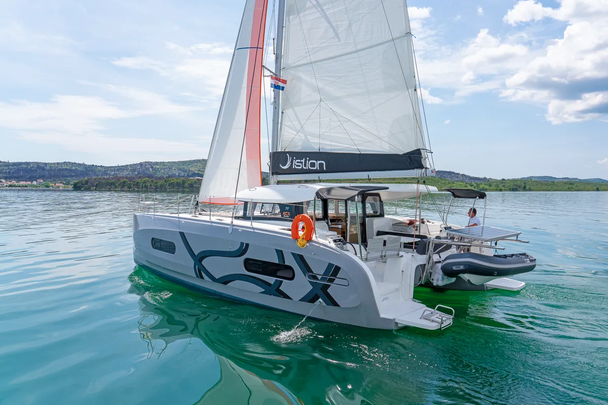 Exterior view of First Glimpse, a Excess 11 catamaran at Skradin, Croatia