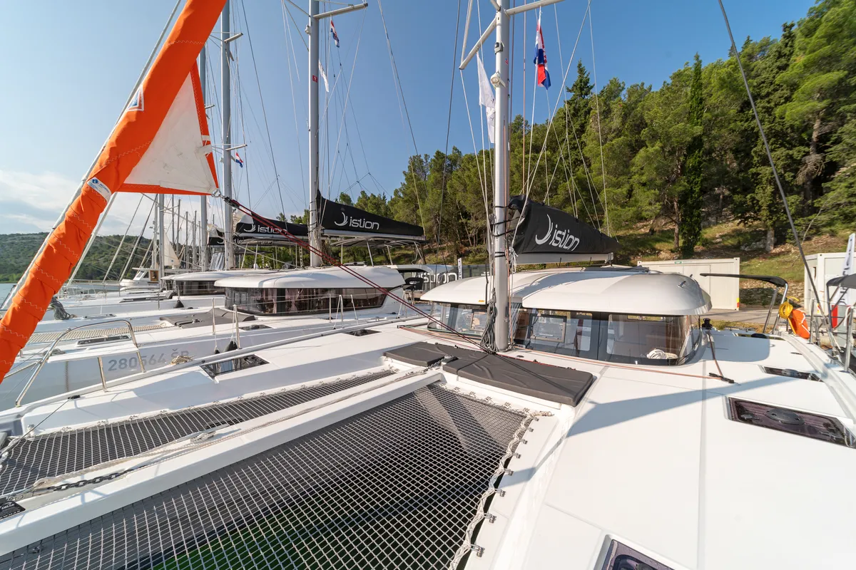 Deck of First Glimpse, a Excess 11 catamaran at Skradin, Croatia