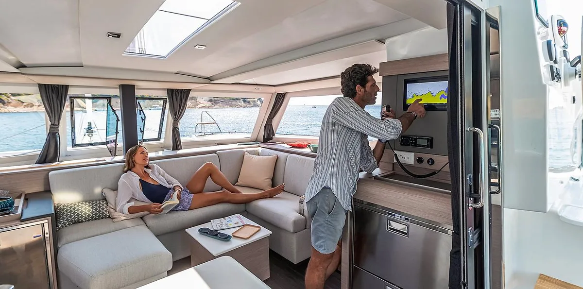 Salon of Almiriki, a Fountaine Pajot Isla 40 catamaran at Parikia, Greece
