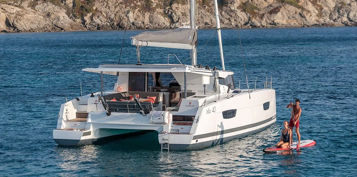 Exterior view of Almiriki, a Fountaine Pajot Isla 40 catamaran at Parikia, Greece