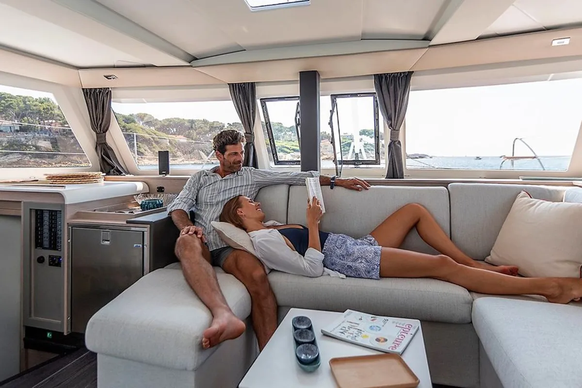 Salon of Almiriki, a Fountaine Pajot Isla 40 catamaran at Parikia, Greece