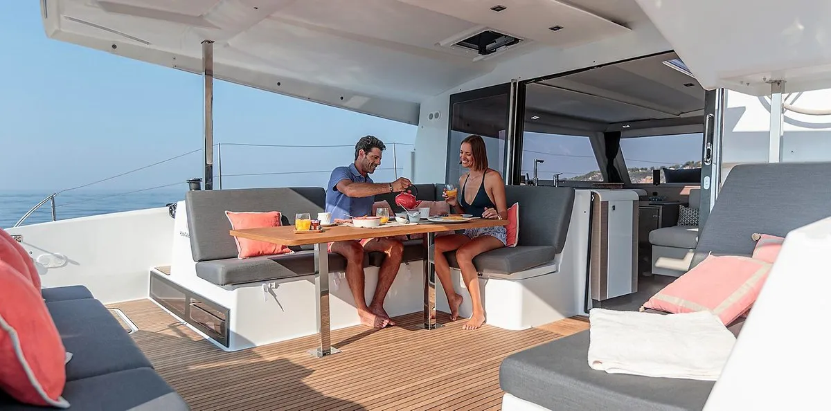 Deck of Almiriki, a Fountaine Pajot Isla 40 catamaran at Parikia, Greece
