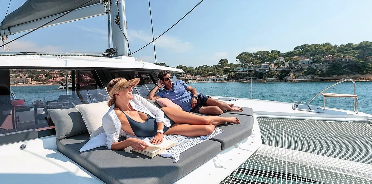 Deck of Almiriki, a Fountaine Pajot Isla 40 catamaran at Parikia, Greece