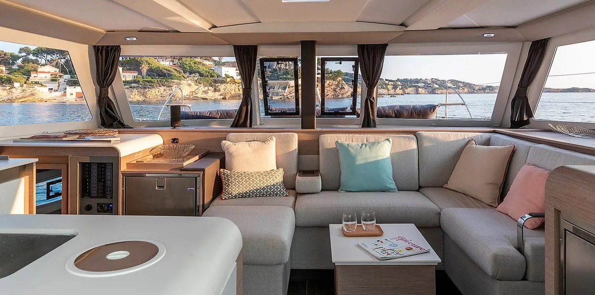 Salon of Almiriki, a Fountaine Pajot Isla 40 catamaran at Parikia, Greece