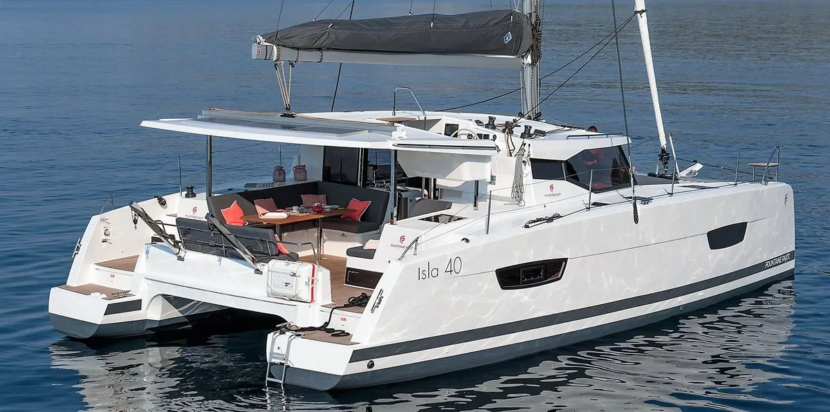 Exterior view of Almiriki, a Fountaine Pajot Isla 40 catamaran at Parikia, Greece