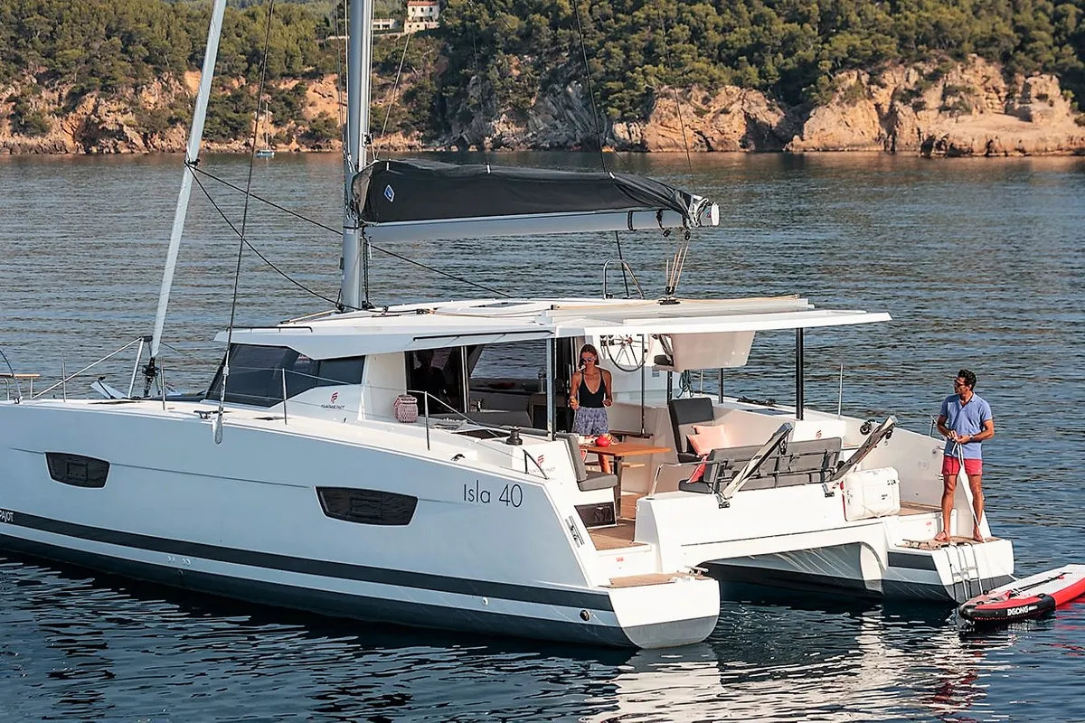 Exterior view of Almiriki, a Fountaine Pajot Isla 40 catamaran at Parikia, Greece