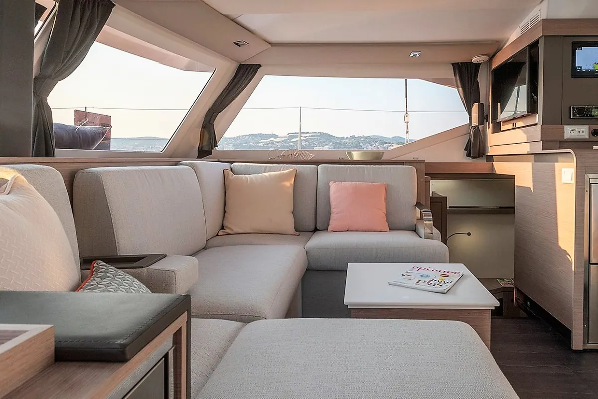 Salon of Almiriki, a Fountaine Pajot Isla 40 catamaran at Parikia, Greece