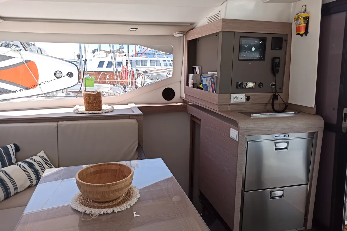 Salon of Almiriki, a Fountaine Pajot Isla 40 catamaran at Parikia, Greece