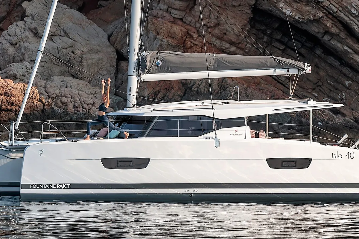 Exterior view of Almiriki, a Fountaine Pajot Isla 40 catamaran at Parikia, Greece