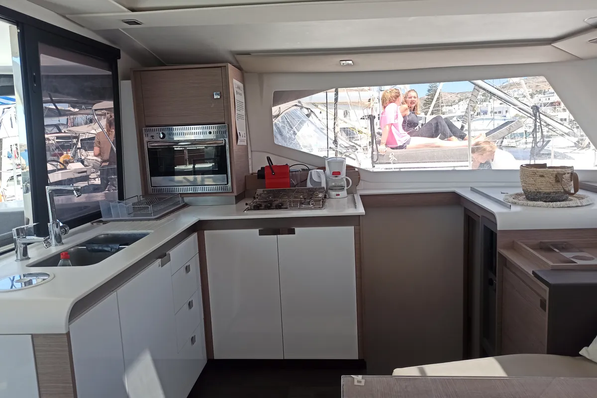 Galley of Almiriki, a Fountaine Pajot Isla 40 catamaran at Parikia, Greece