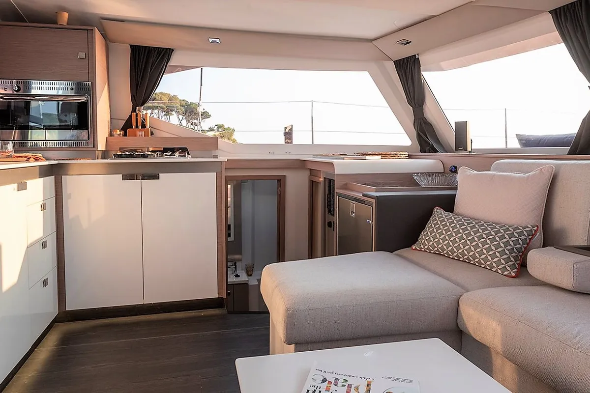 Salon of Almiriki, a Fountaine Pajot Isla 40 catamaran at Parikia, Greece