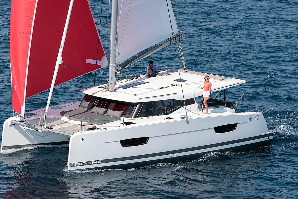 Exterior view of Almiriki, a Fountaine Pajot Isla 40 catamaran at Parikia, Greece