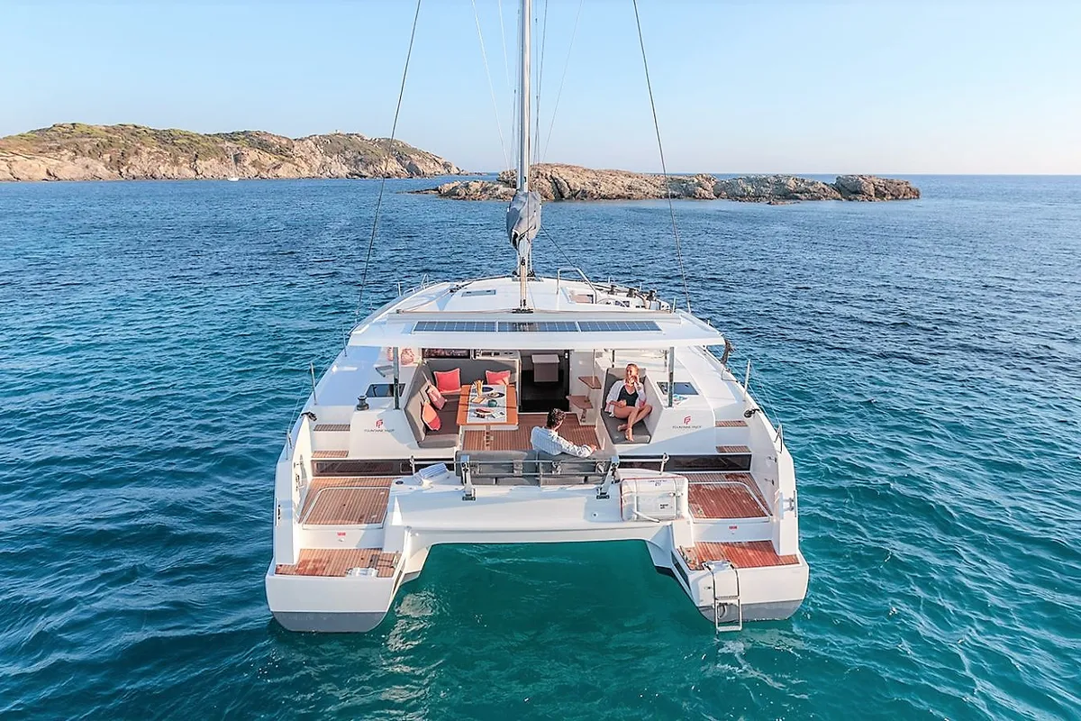 Exterior view of Almiriki, a Fountaine Pajot Isla 40 catamaran at Parikia, Greece