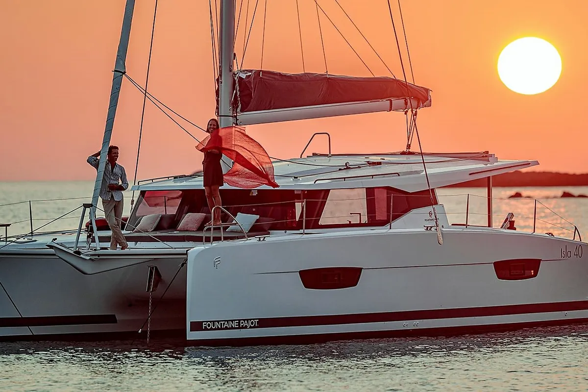 Exterior view of Almiriki, a Fountaine Pajot Isla 40 catamaran at Parikia, Greece