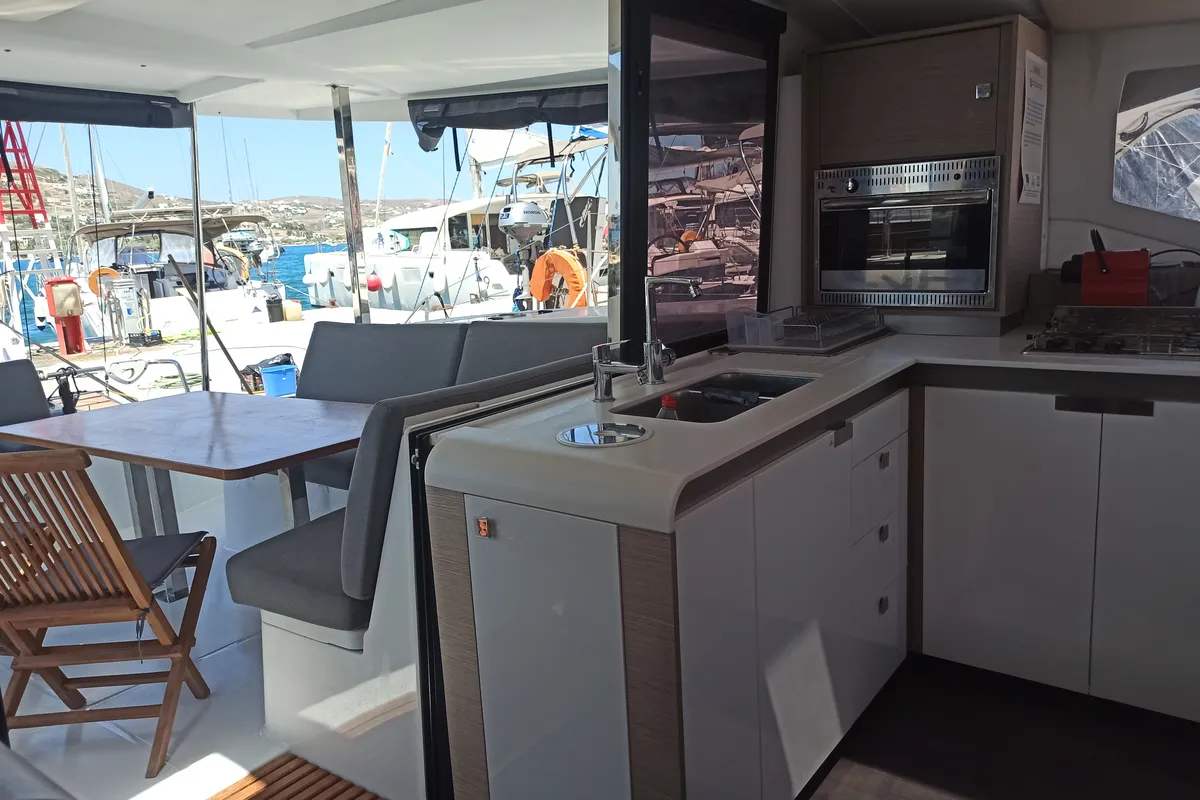 Galley of Almiriki, a Fountaine Pajot Isla 40 catamaran at Parikia, Greece