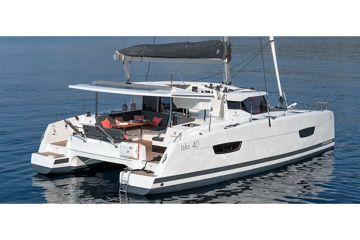 Exterior view of Almiriki, a Fountaine Pajot Isla 40 catamaran at Parikia, Greece