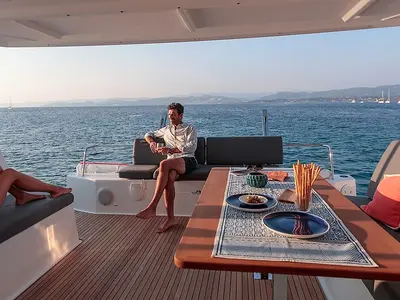 Deck of Almiriki, a Fountaine Pajot Isla 40 catamaran at Parikia, Greece