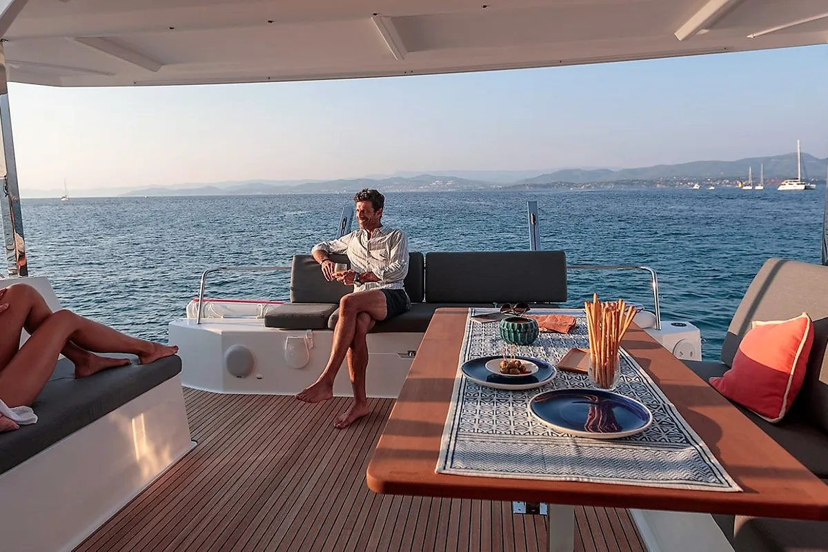Deck of Almiriki, a Fountaine Pajot Isla 40 catamaran at Parikia, Greece