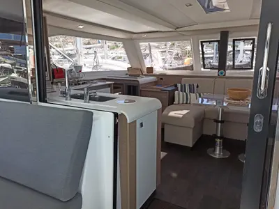 Salon of Almiriki, a Fountaine Pajot Isla 40 catamaran at Parikia, Greece