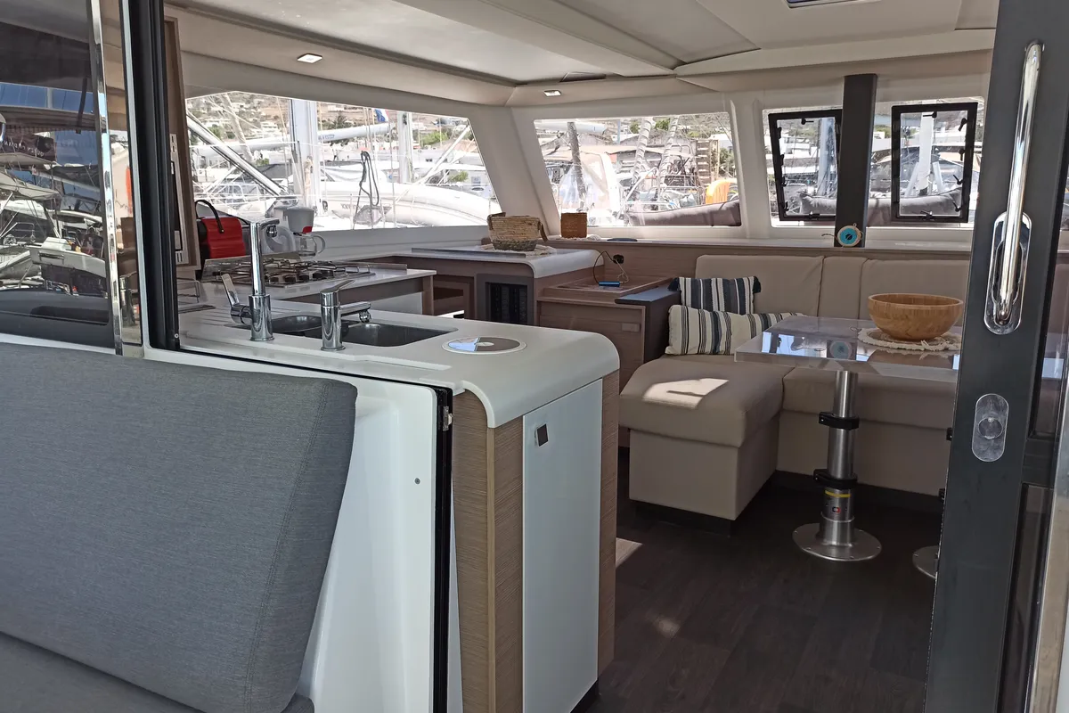 Salon of Almiriki, a Fountaine Pajot Isla 40 catamaran at Parikia, Greece