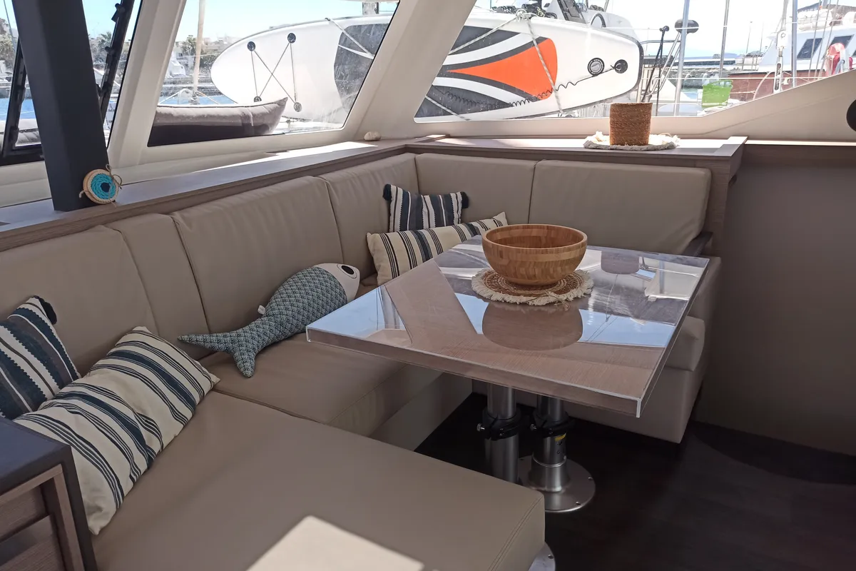 Salon of Almiriki, a Fountaine Pajot Isla 40 catamaran at Parikia, Greece