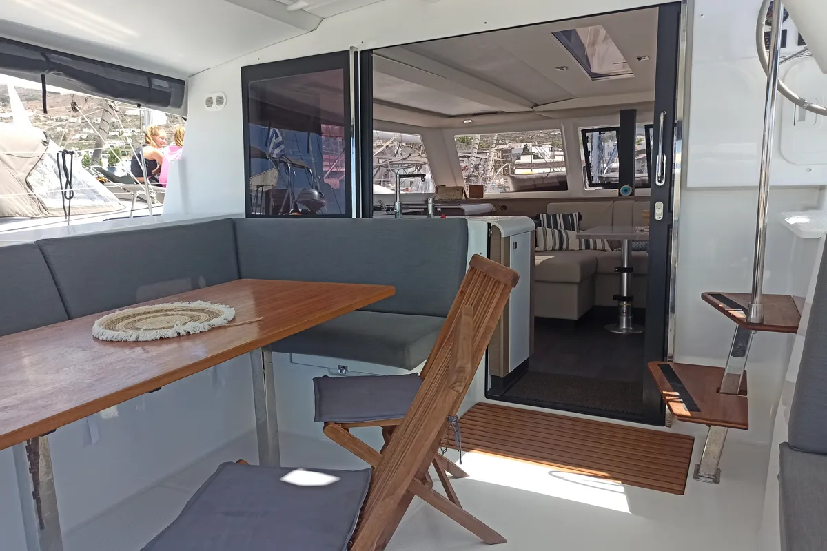 Deck of Almiriki, a Fountaine Pajot Isla 40 catamaran at Parikia, Greece