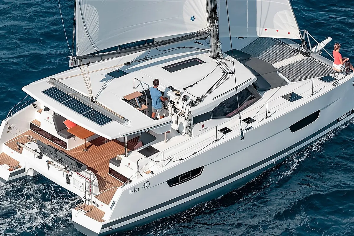 Exterior view of Almiriki, a Fountaine Pajot Isla 40 catamaran at Parikia, Greece