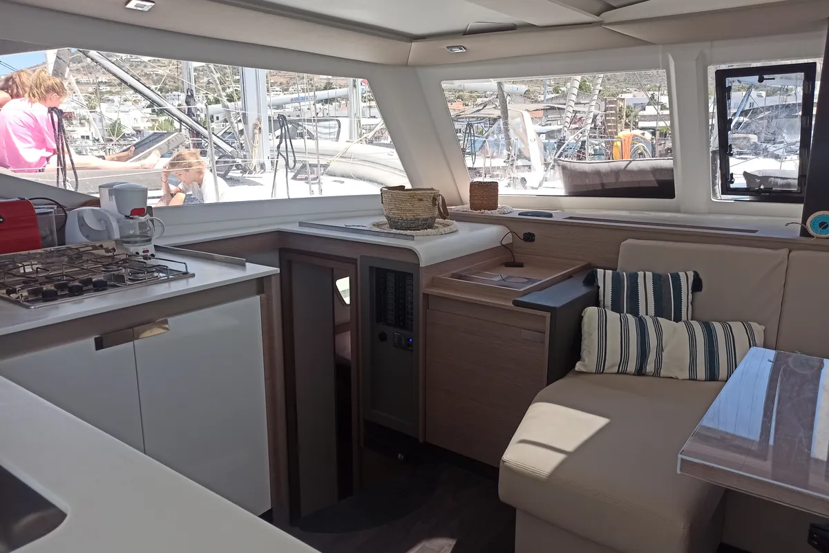 Galley of Almiriki, a Fountaine Pajot Isla 40 catamaran at Parikia, Greece