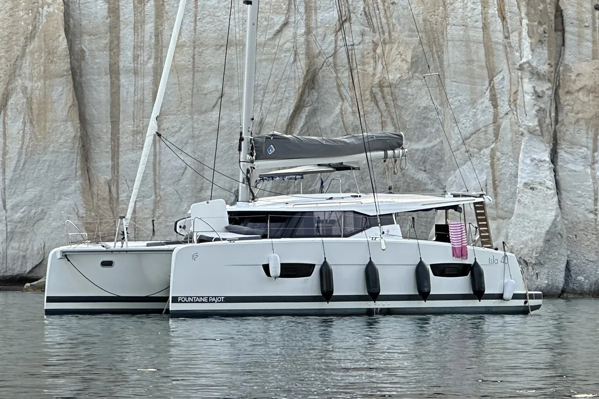 Exterior view of Almiriki, a Fountaine Pajot Isla 40 catamaran at Parikia, Greece
