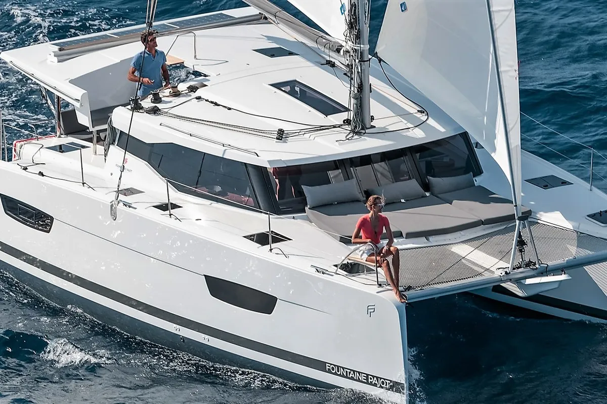 Exterior view of Almiriki, a Fountaine Pajot Isla 40 catamaran at Parikia, Greece